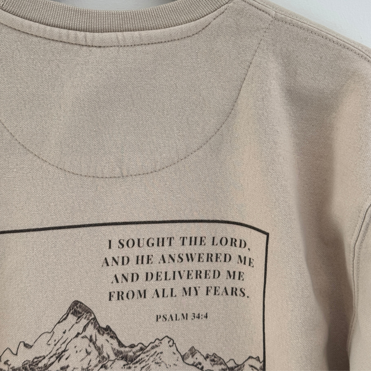 Back of the sweatshirt showing a close up of the Psalm 34:4 verse written out