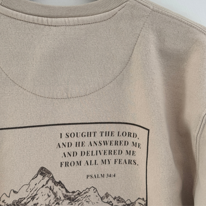 Back of the sweatshirt showing a close up of the Psalm 34:4 verse written out