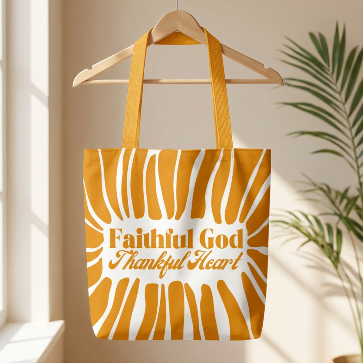 Tote bag with 'Faithful God Thankful Heart' text on a hanger with a plant in the background