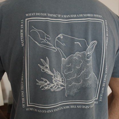 Dusty Blue t-shirt with white line art of a sheep being comforted by the hand of Jesus and the verse Matthew 18:12 written around the graphic. 