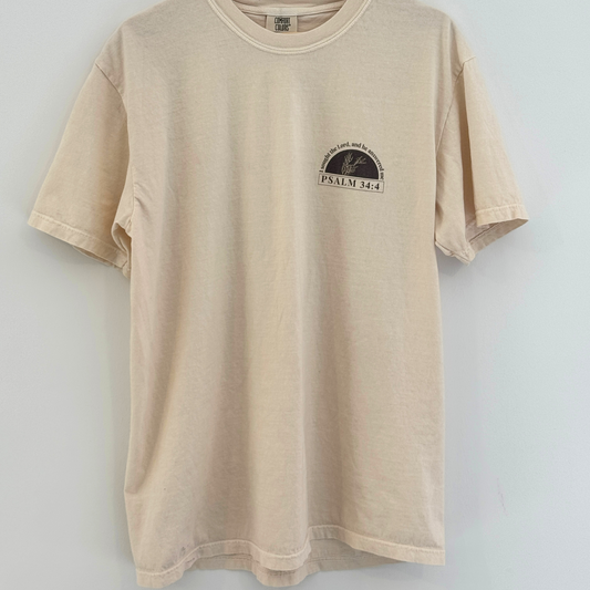 light tan t-shirt with a graphic design on the front of a minimalist olive branch and Psalm 34:4 written on it