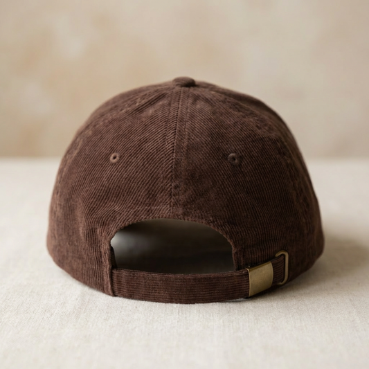 The back of the brown corduroy ball cap hat with an adjustable strap and a brass colored metal clasp.