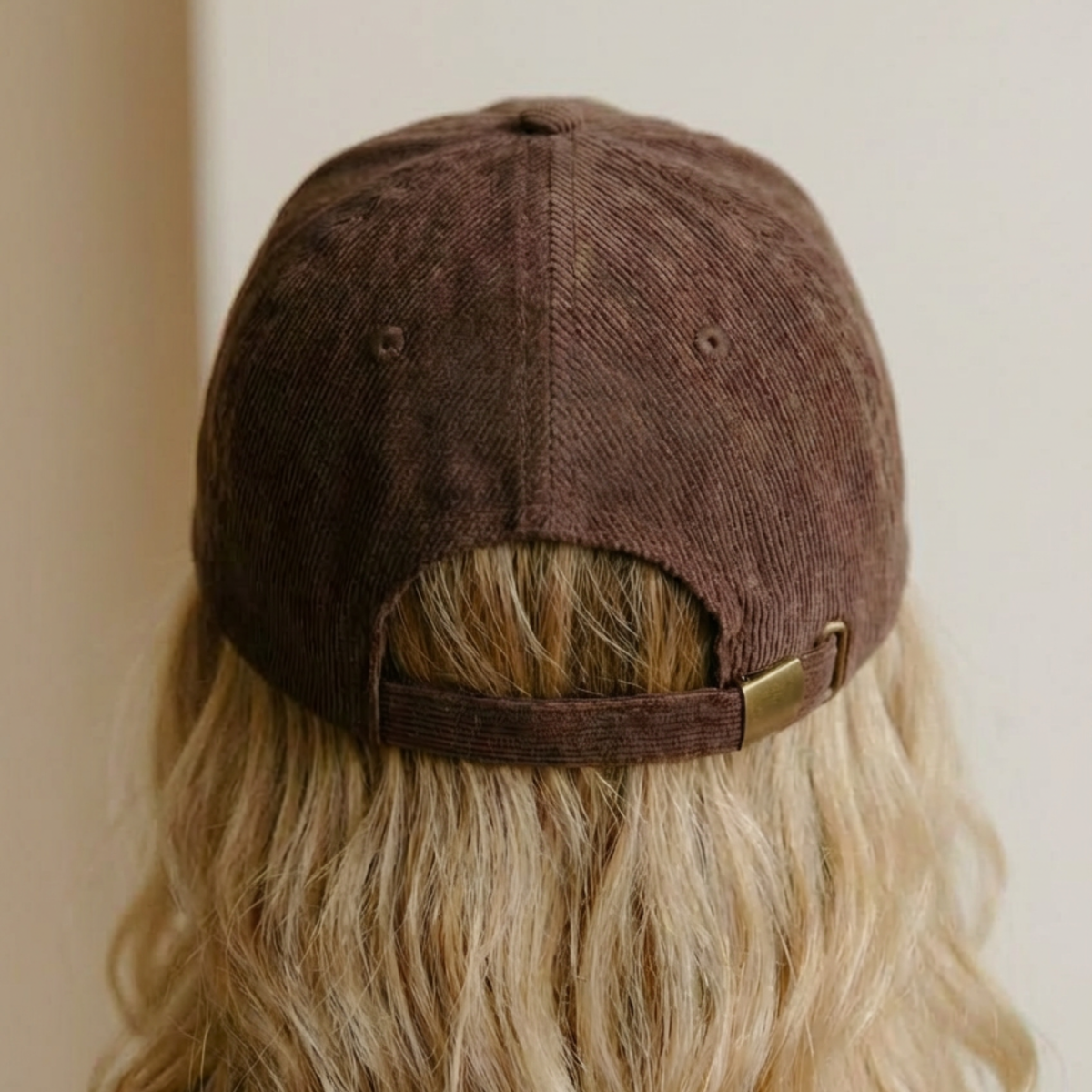 The Brown corduroy ball cap worn by a person showing the back of the hat modeled. 